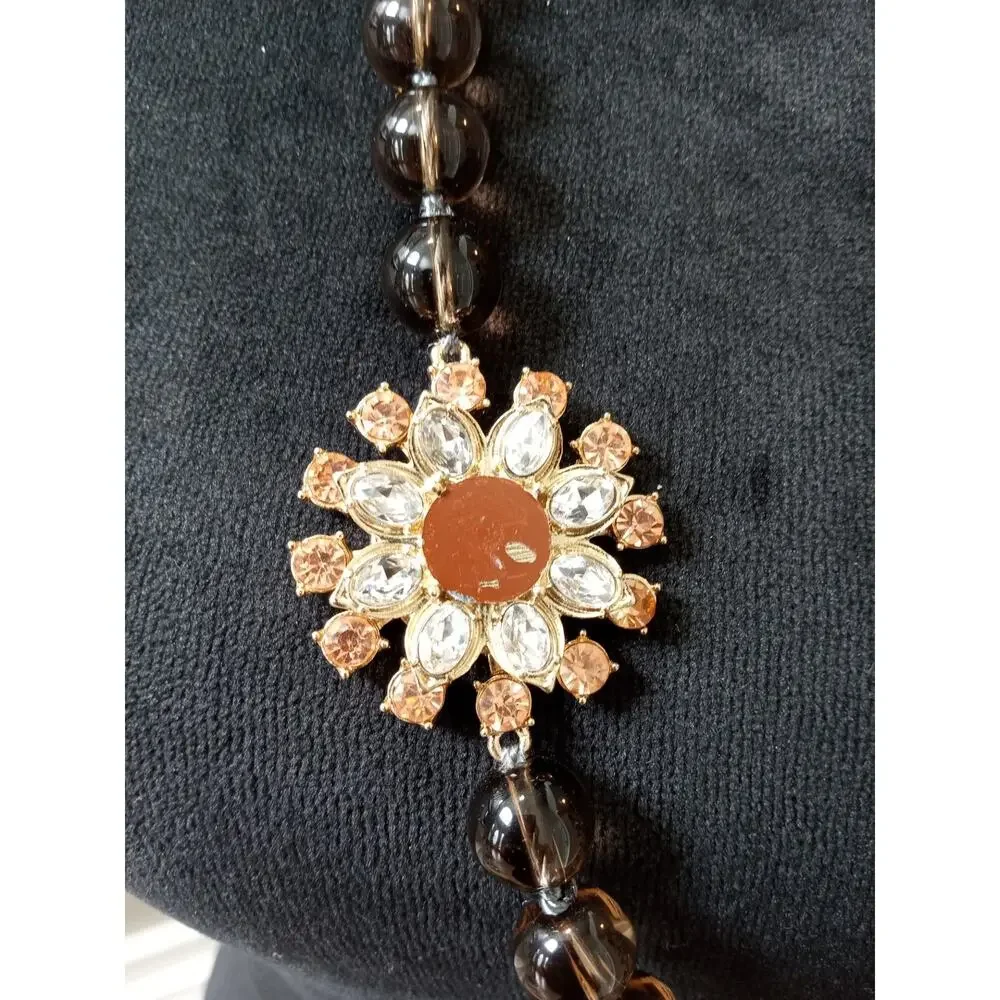 Long Brown Beaded Necklace Floral Medallion Pendant Boho Vintage Statement - Picture 2 of 4